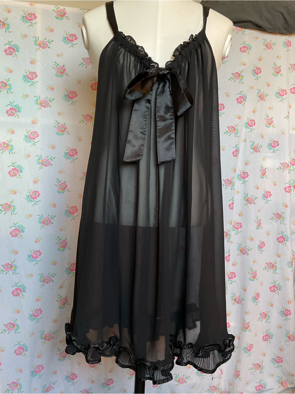 Black Sheer Babydoll Ruffled Dress with Bow